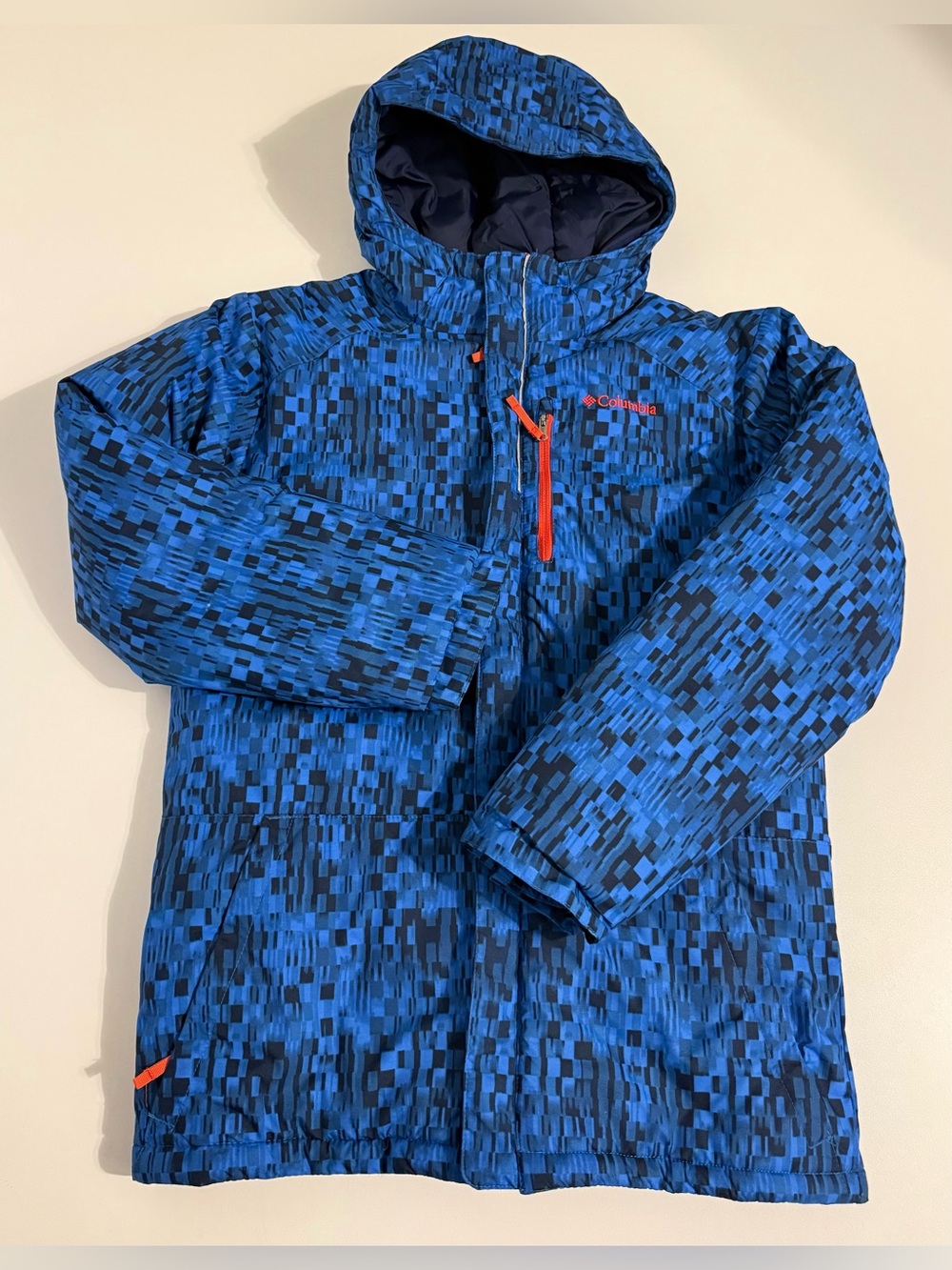 Columbia Kid’s Blue Pixel-Pattern Hooded Puffer with Orange Accents Sz. L
